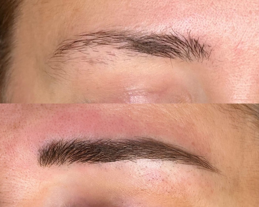 Before and after powder brows at Shaded & Bladed Tulsa