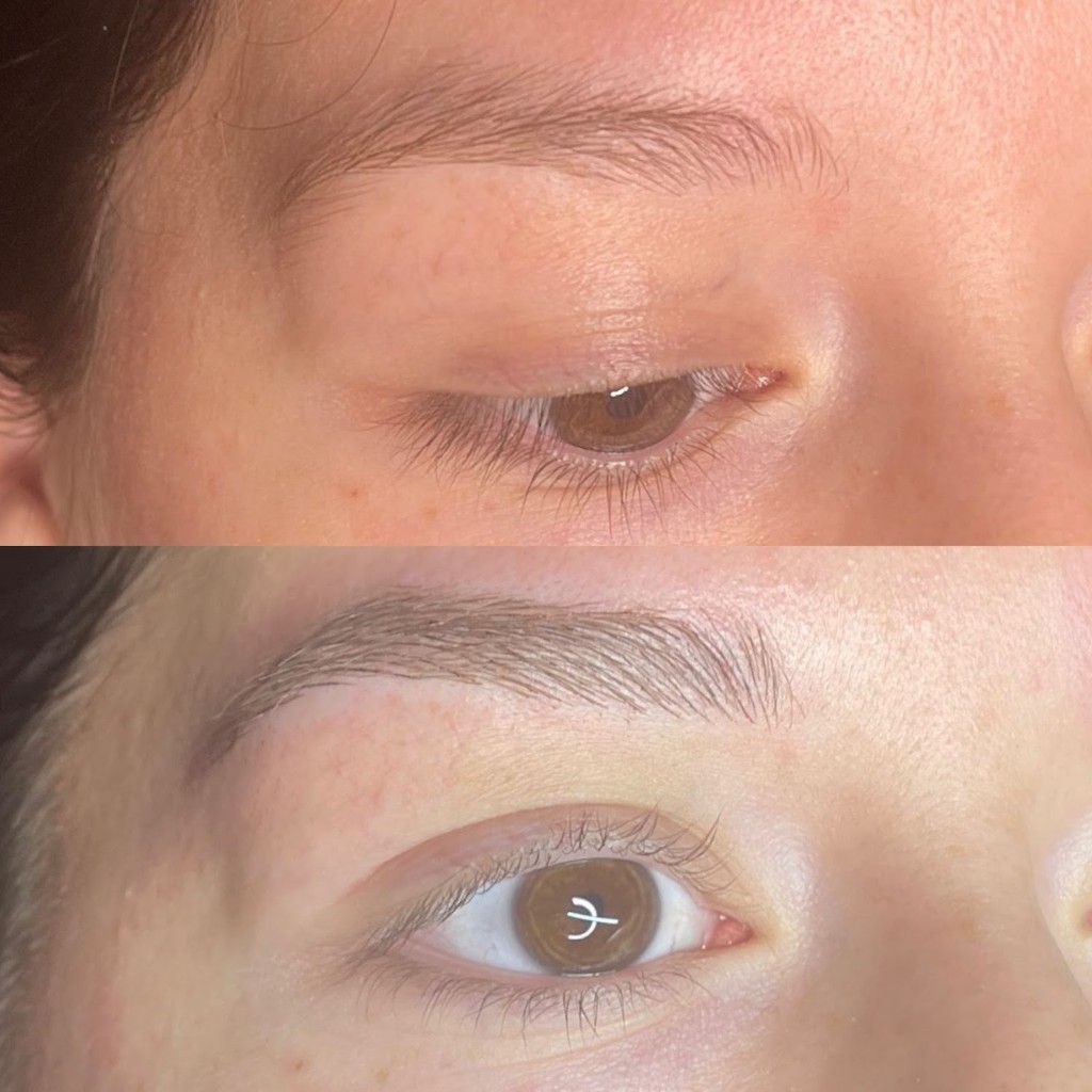 Before and after nano brows at Shaded & Bladed Tulsa