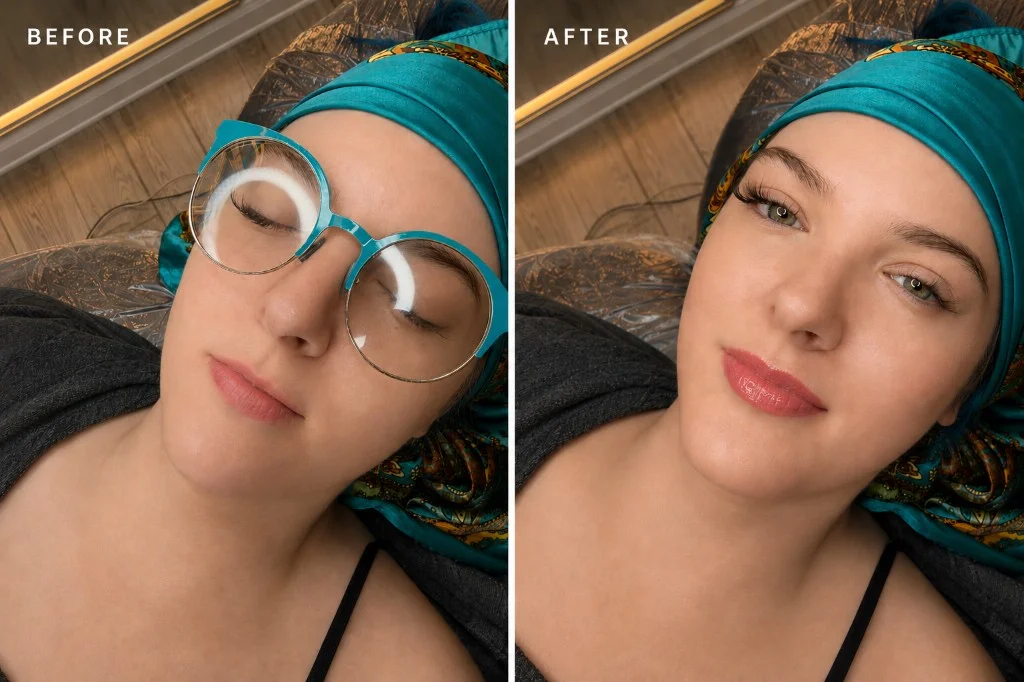 Before and after lash line enhancement result at Shaded & Bladed in Tulsa
